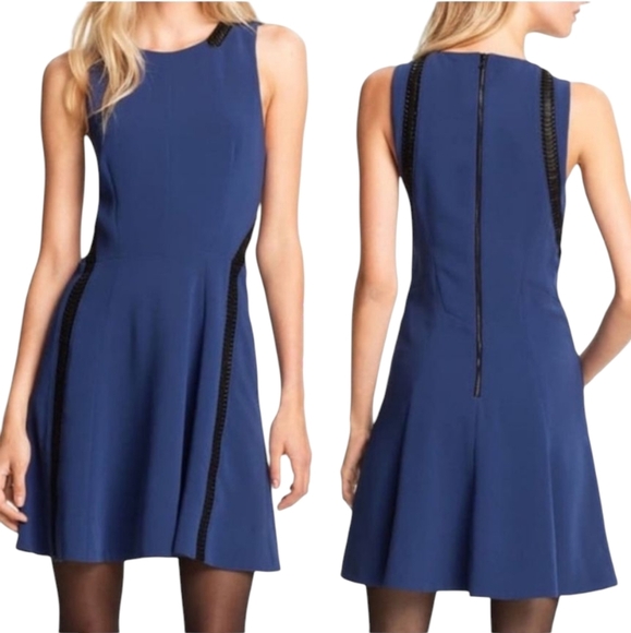 NEW Rag & Bone Renard Dress Mini Blue Leather Trim Flare Sleveless Size 0 - Picture 1 of 9